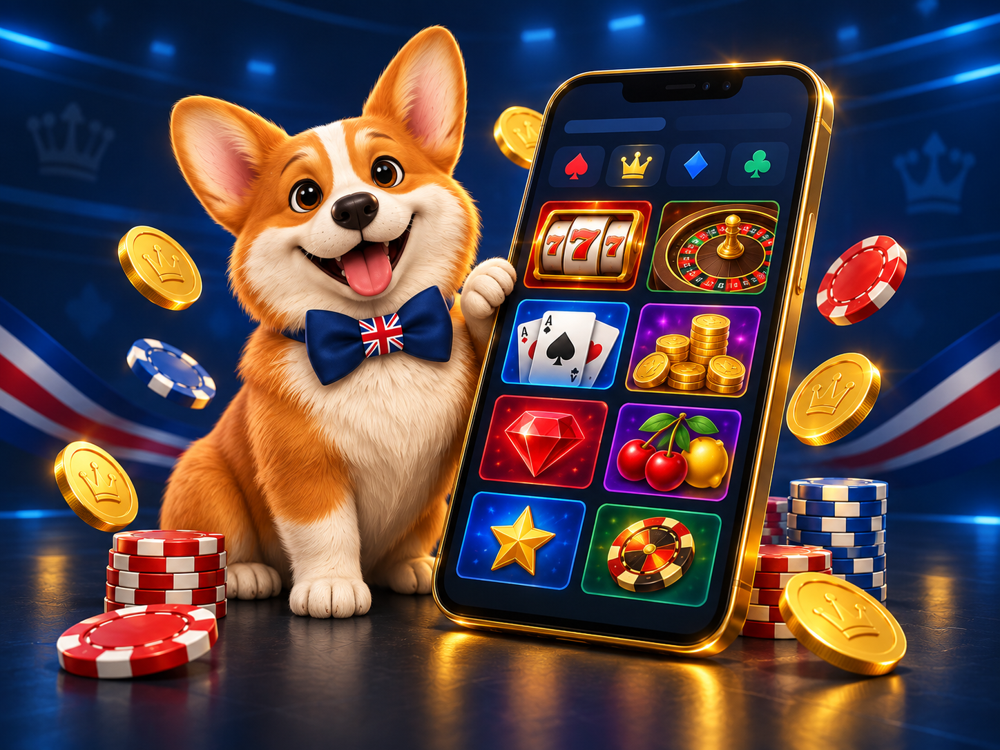 British corgi beside a mobile casino interface